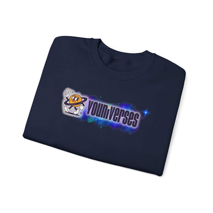 navy crewneck sweatshirt with Youniverses space logo graphic featuring retro astronaut and nebula design