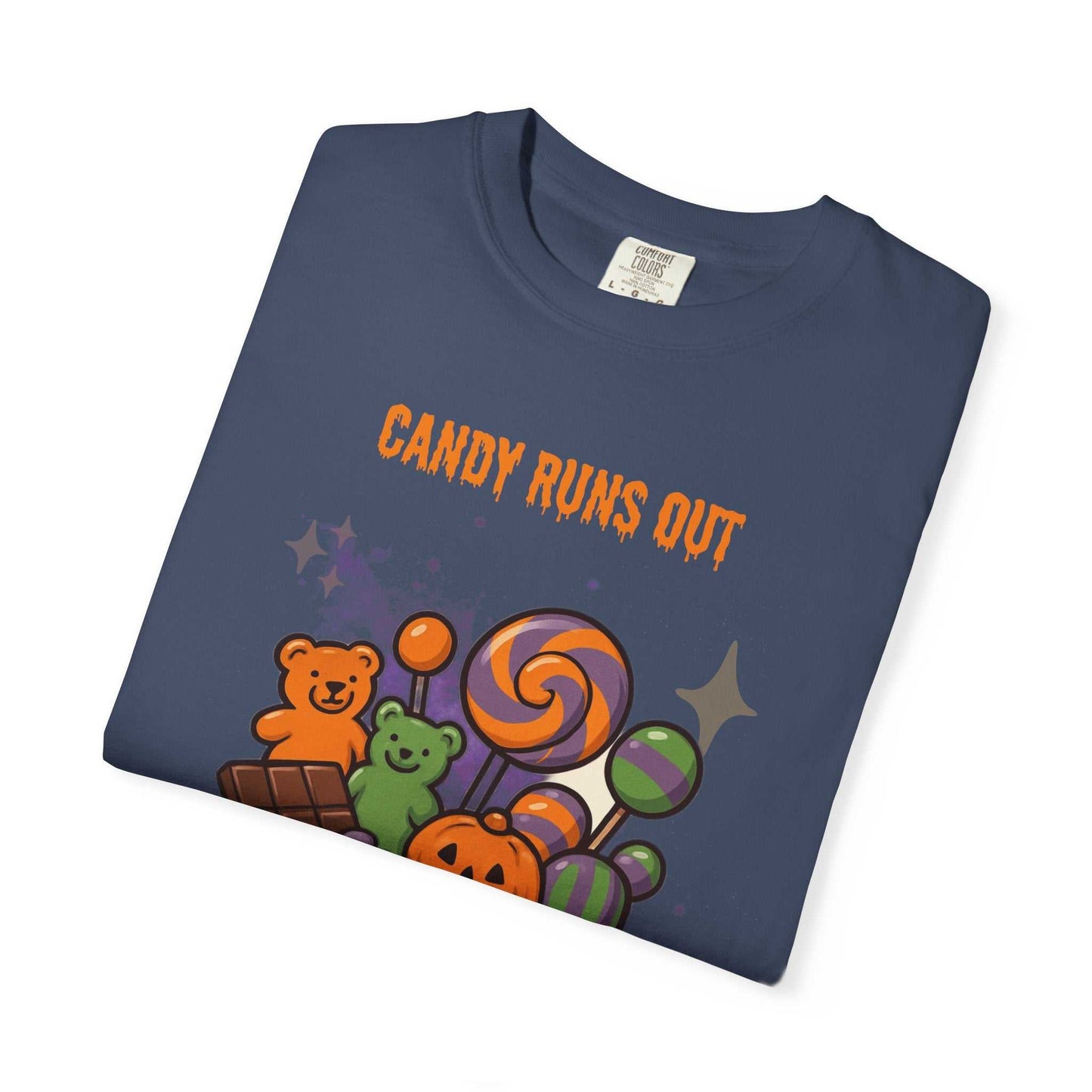 Navy t-shirt with "Candy Runs Out" text and Halloween candy graphic.