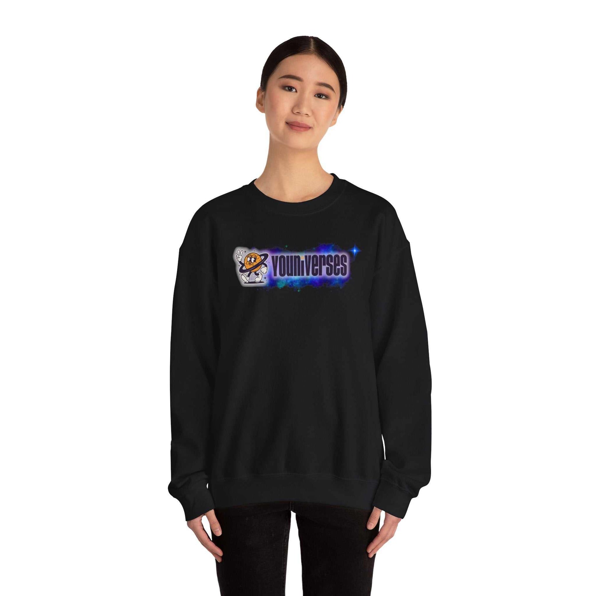 Black crewneck sweatshirt with Youniverses space logo graphic featuring retro astronaut and cosmic design