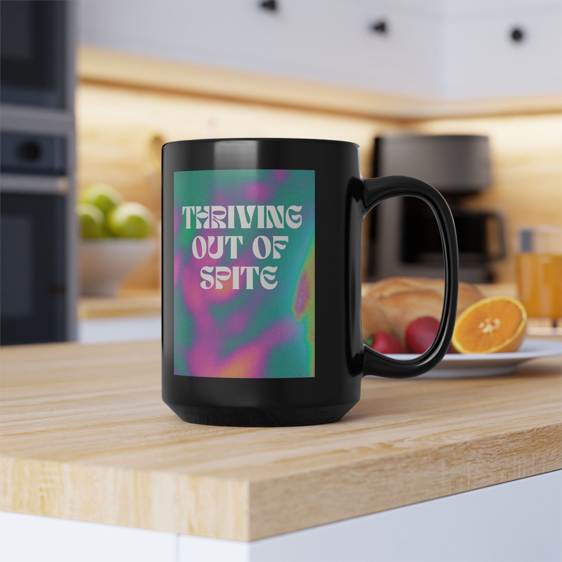 15oz Black Mug — "Thriving Out of Spite" Colorful Retro Tie - Dye Coffee Cup - Youniverses