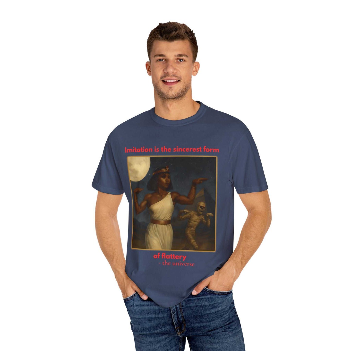 Unisex Egyptian Mummy T-Shirt with Cleopatra design on soft navy cotton tee