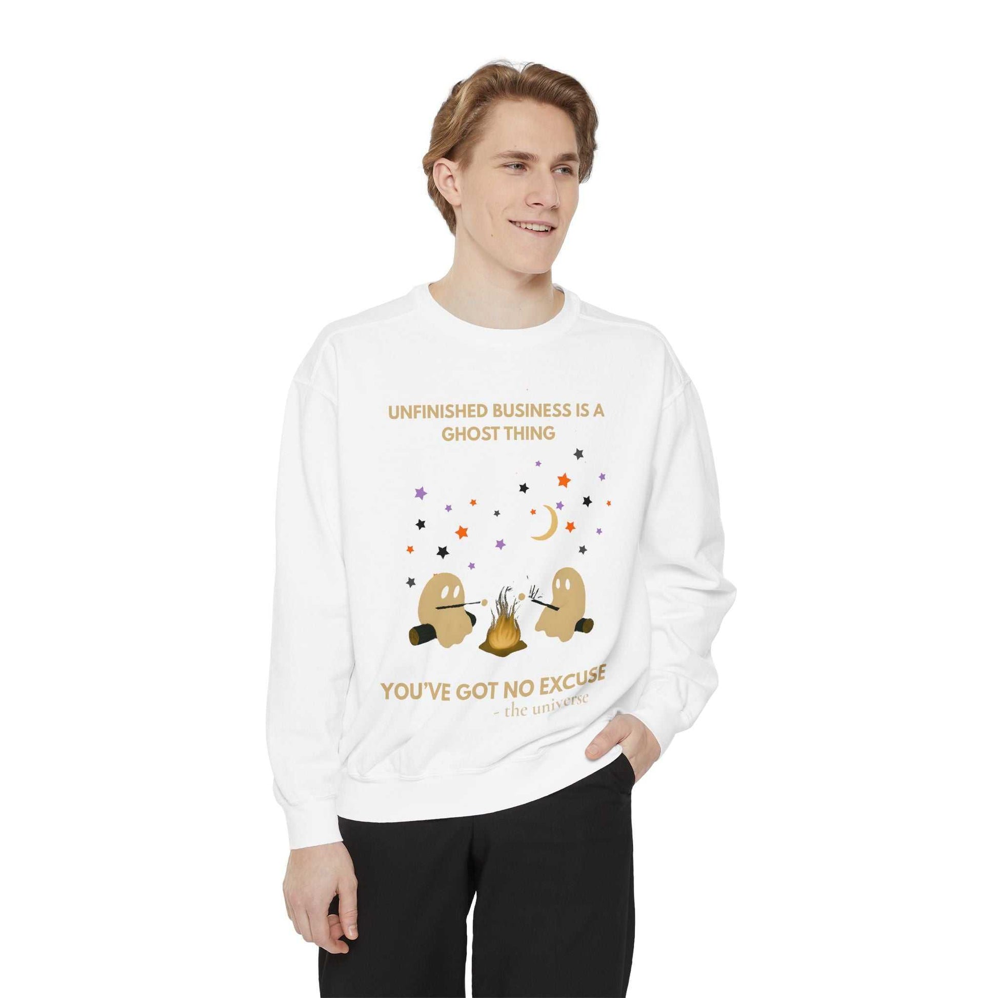 White unisex sweatshirt with a Halloween ghost graphic and text.
