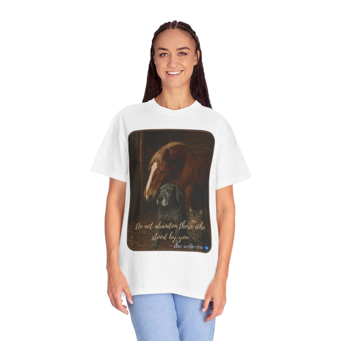 Woman wearing Comfort Colors 1717 vintage-style white Animal Rescue T-Shirt with horse, dog, and cat illustration and "Do Not Abandon Those Who Stood By You" quote