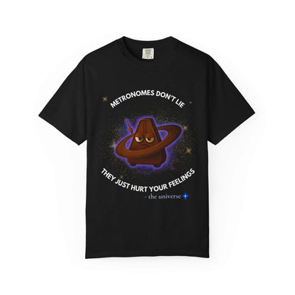 Black motivational t-shirt with angry metronome in cosmic design and phrase "Metronomes Don't Lie"