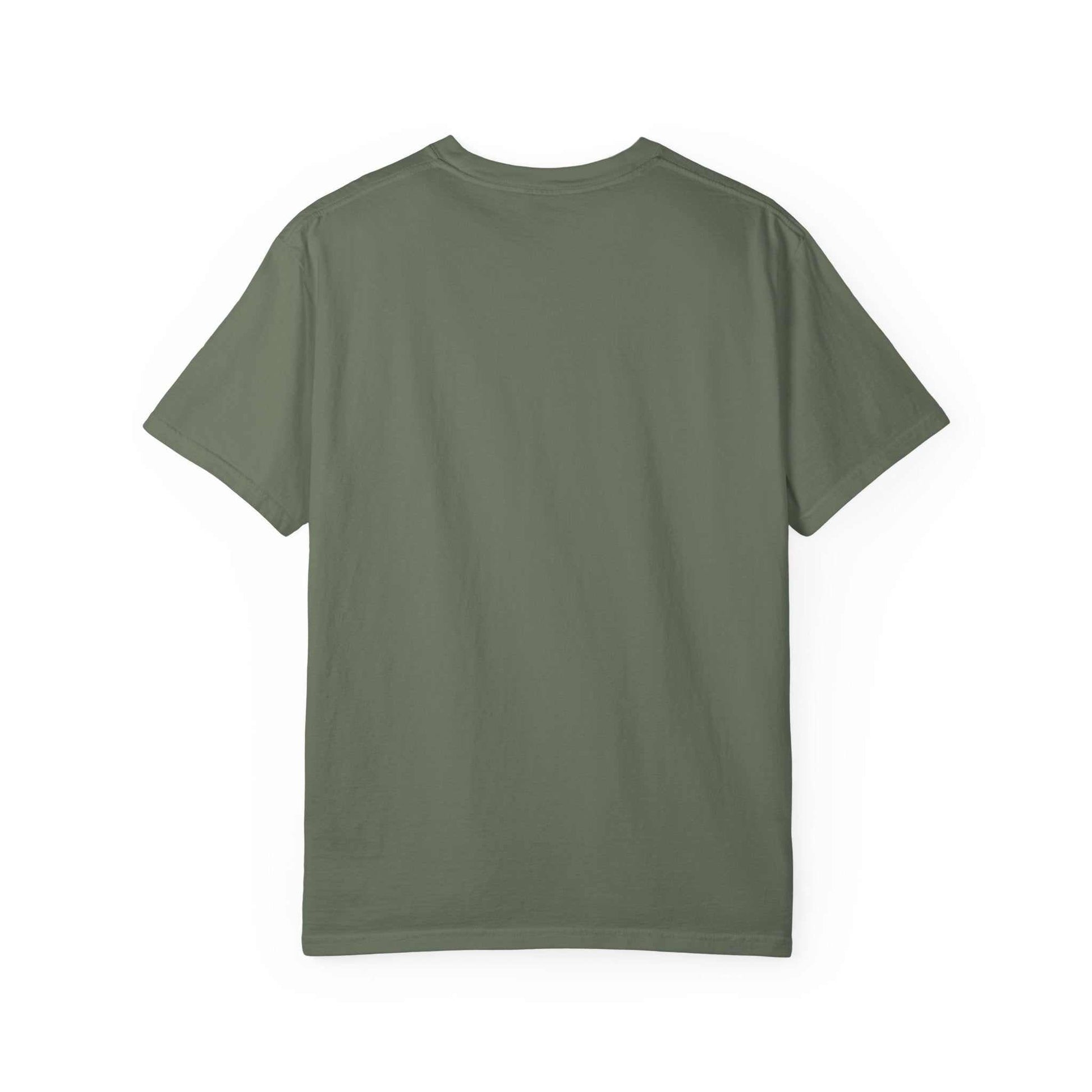 Comfort Colors Motivational Stairway T-Shirt in soft garment-dyed cotton, relaxed fit, back view in olive green