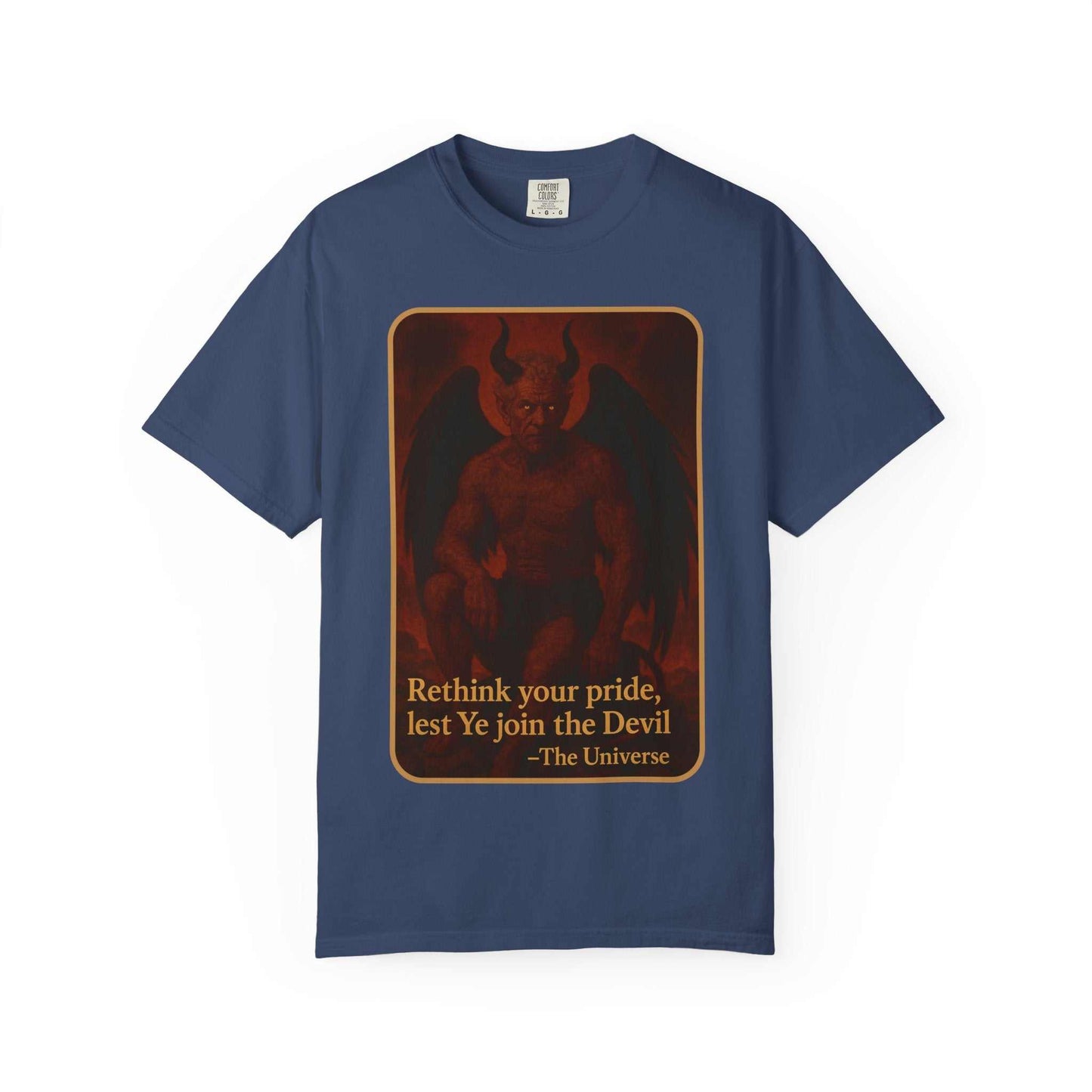 Devil Rethink Your Pride unisex garment-dyed cotton t-shirt with vintage devil graphic and inspirational text