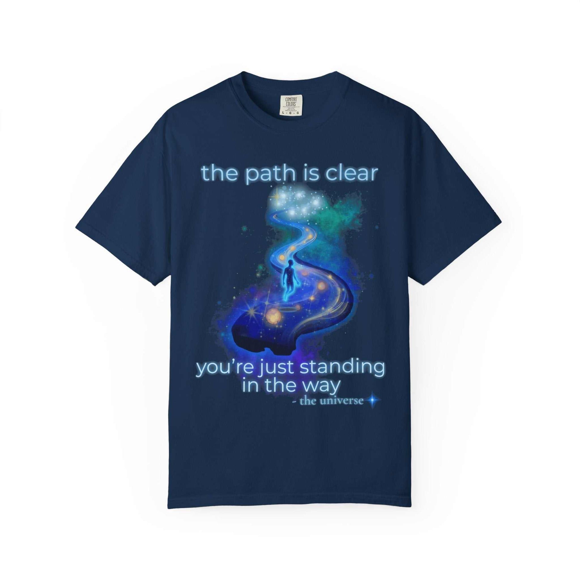 Comfort Colors Spiritual Path Graphic T-Shirt with cosmic design and inspirational quote on navy cotton tee