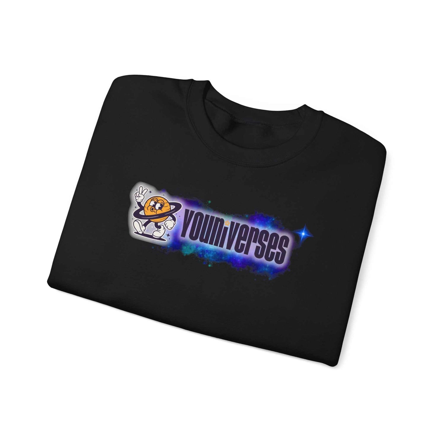 Black crewneck sweatshirt with Youinverses space logo featuring a retro astronaut and colorful nebula design