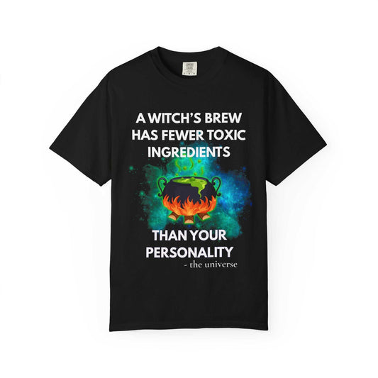 Black Cauldron Nebula T-shirt with witch's brew graphic and humorous text design