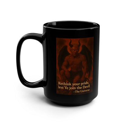 Black mug featuring horned, winged devil illustration with motivational quote, Youniverses