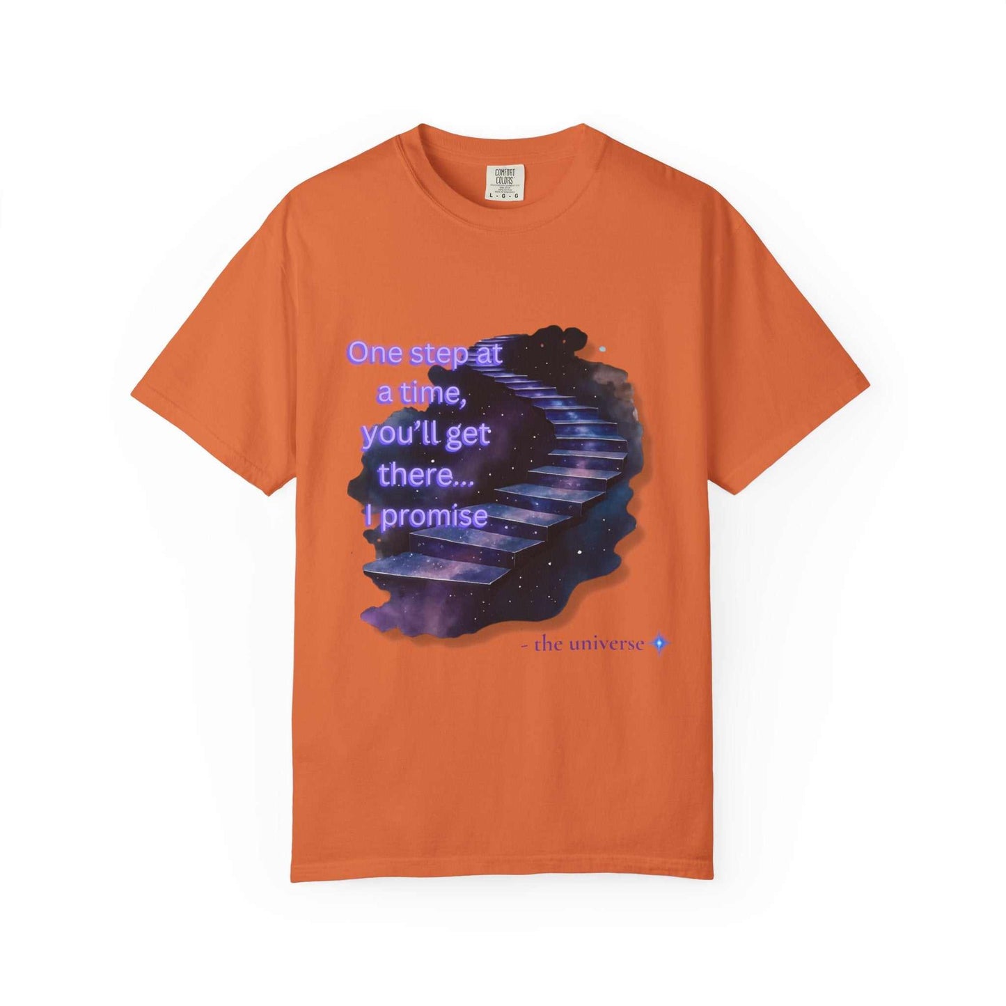 Orange Comfort Colors Motivational Stairway T-Shirt with starry staircase and motivational quote design