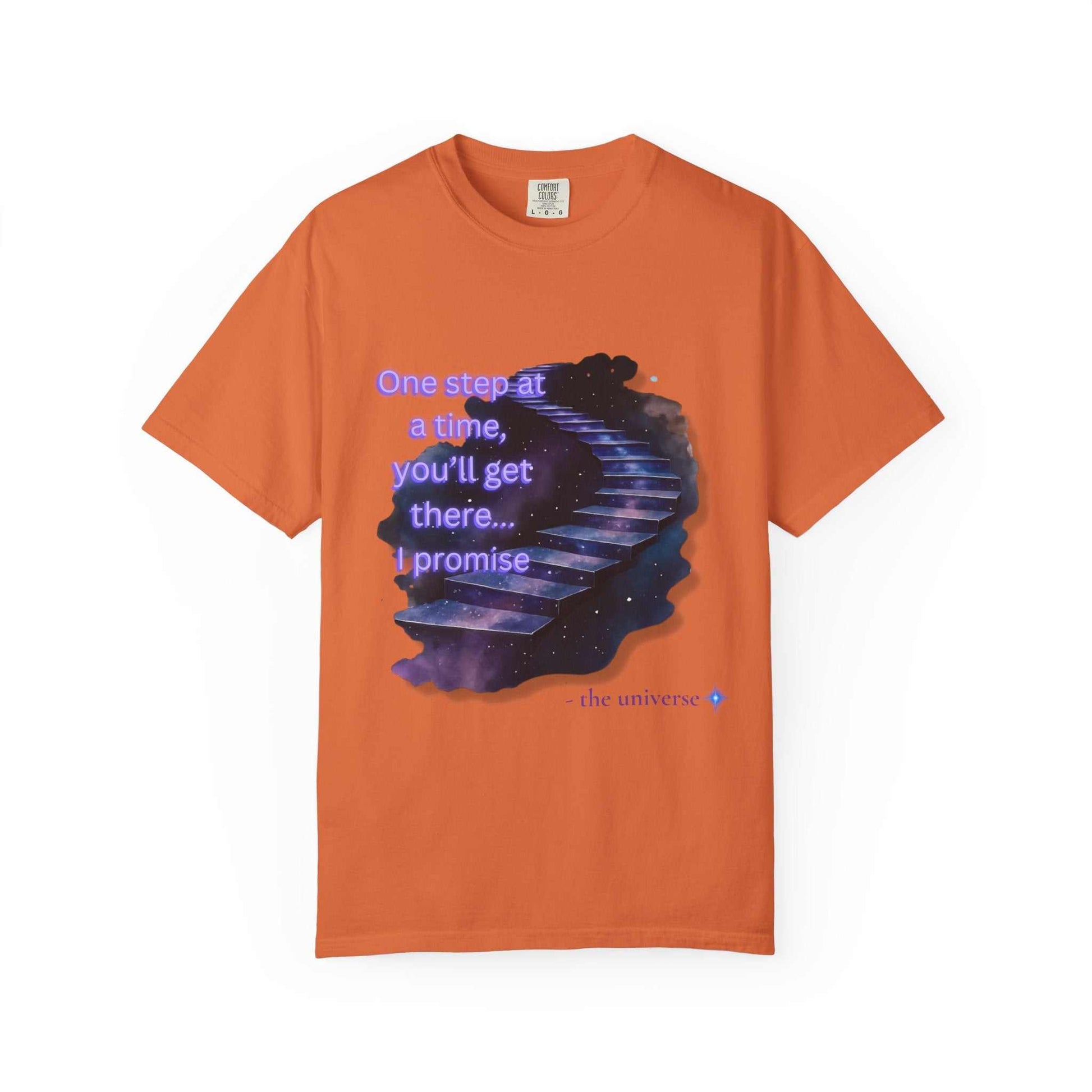Orange Comfort Colors Motivational Stairway T-Shirt with starry staircase and motivational quote design