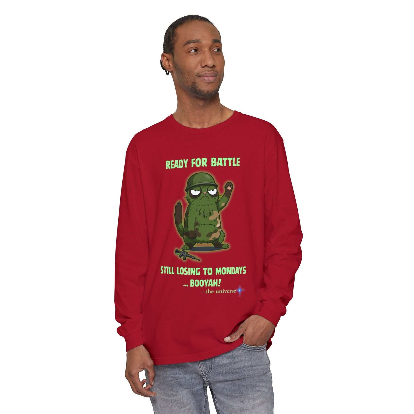 Man wearing red Comfort Colors long sleeve tee with "Ready for Battle" cactus graphic and text on front