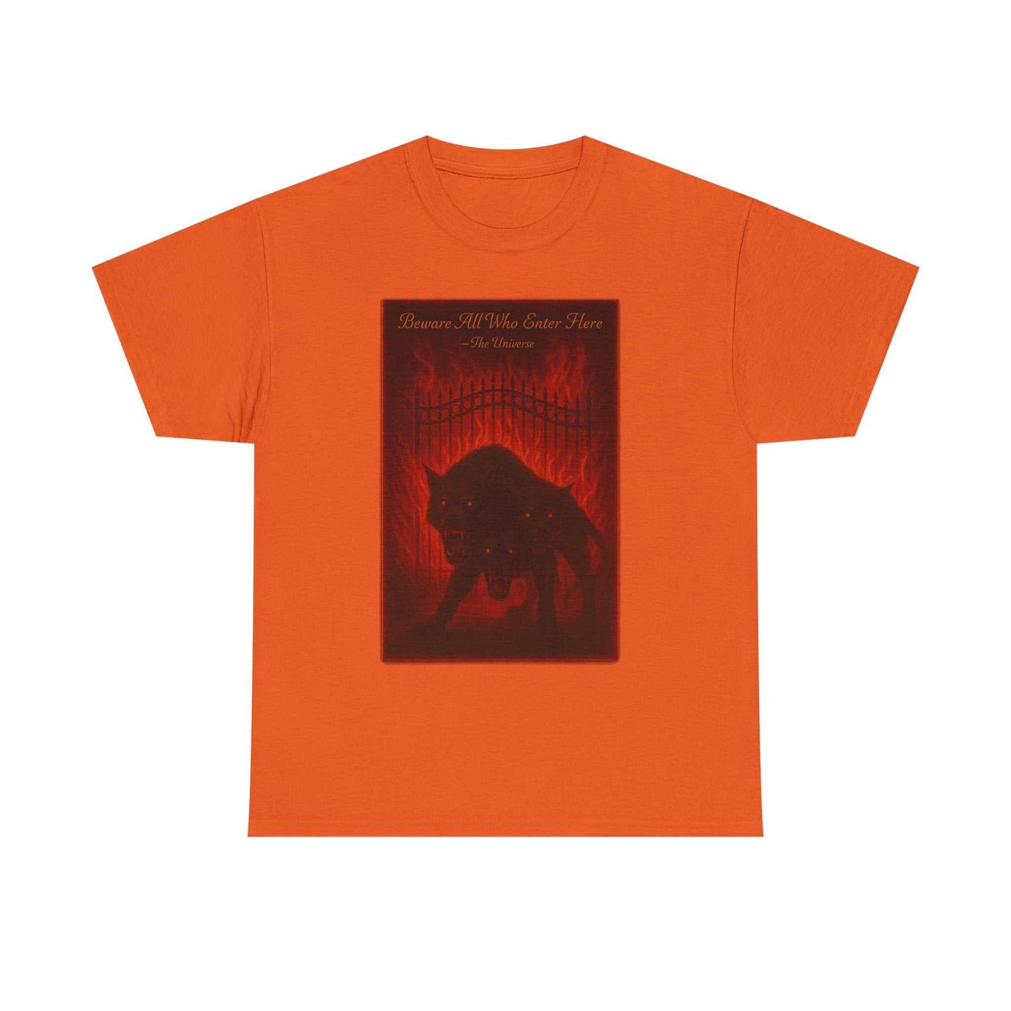 Orange Cerberus Guard unisex heavy cotton t-shirt with dark mythical creature design