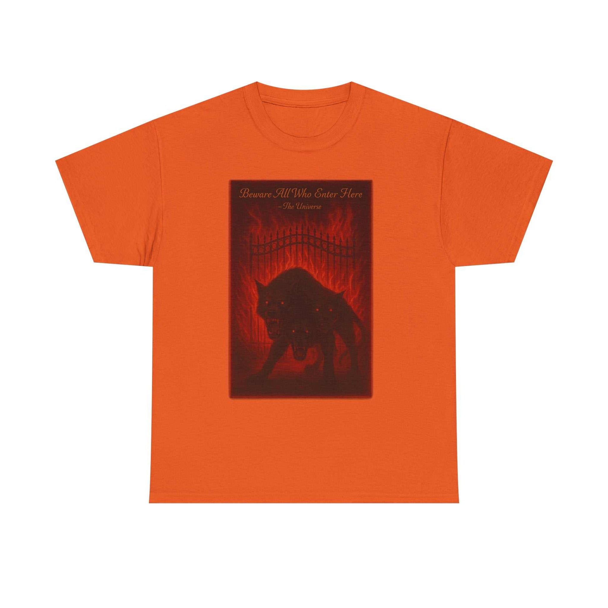 Orange Cerberus Guard unisex heavy cotton t-shirt with dark mythical creature design