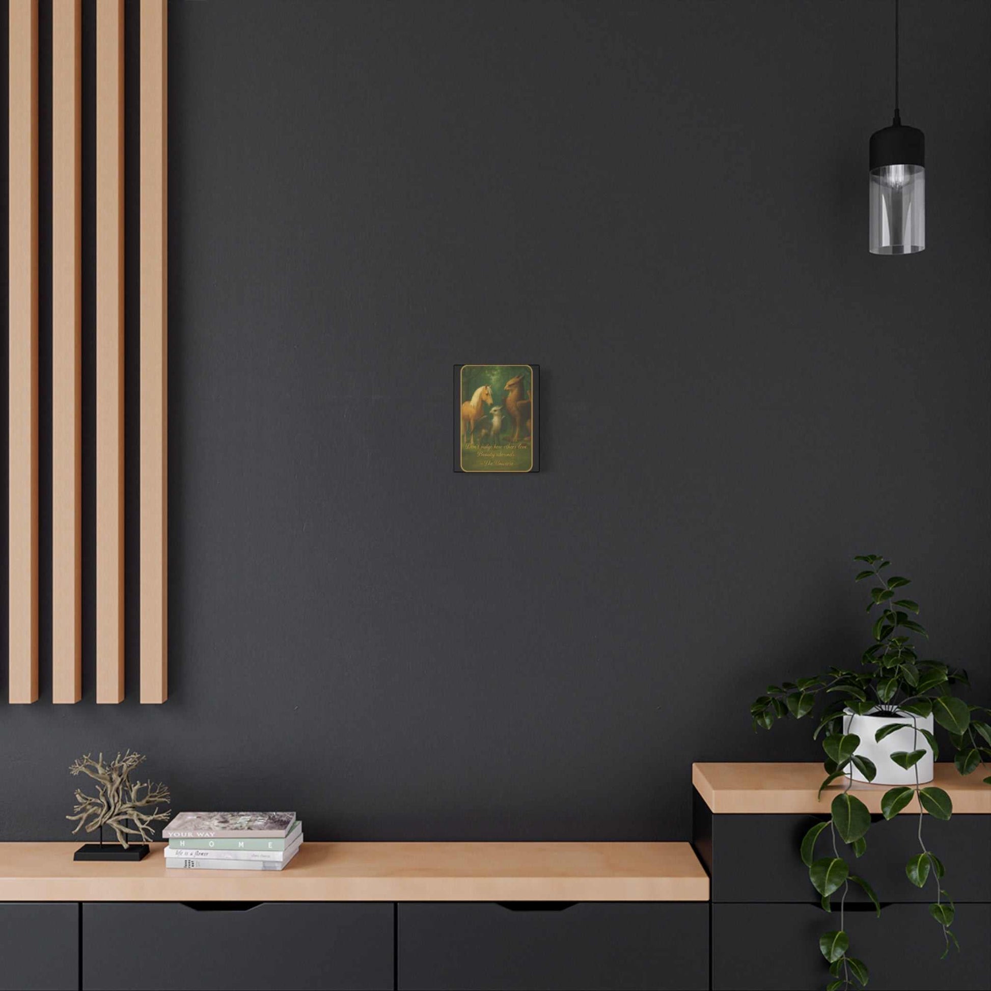 Modern living room with dark wall, minimalist decor, plant, and small framed horse artwork