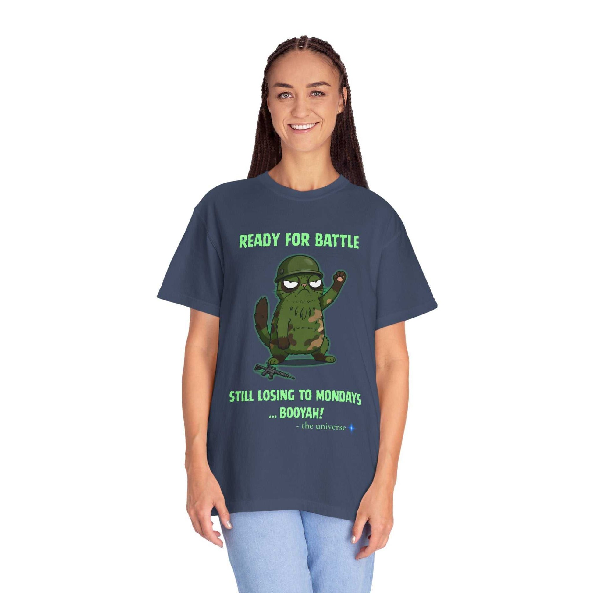 Woman wearing navy funny military sloth t-shirt with "Ready for Battle" text and cartoon sloth graphic