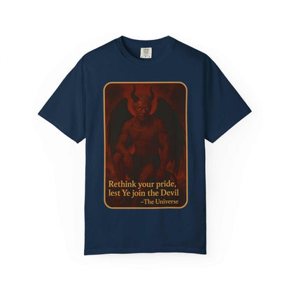Devil Rethink Your Pride unisex t-shirt with vintage devil graphic and bold text on dyed cotton fabric