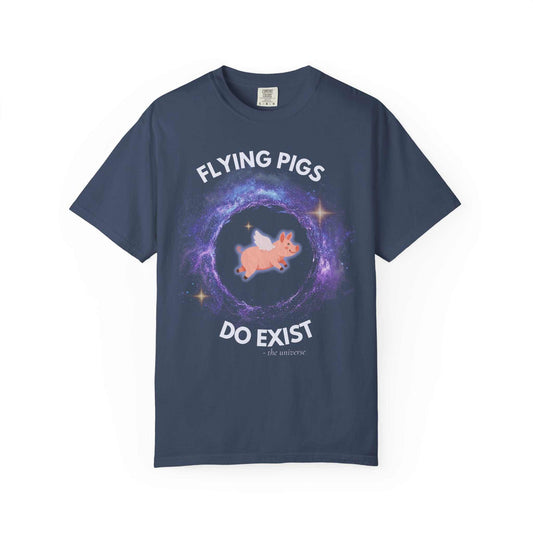 Flying Pigs T-Shirt with cosmic design on navy blue 100% cotton unisex tee