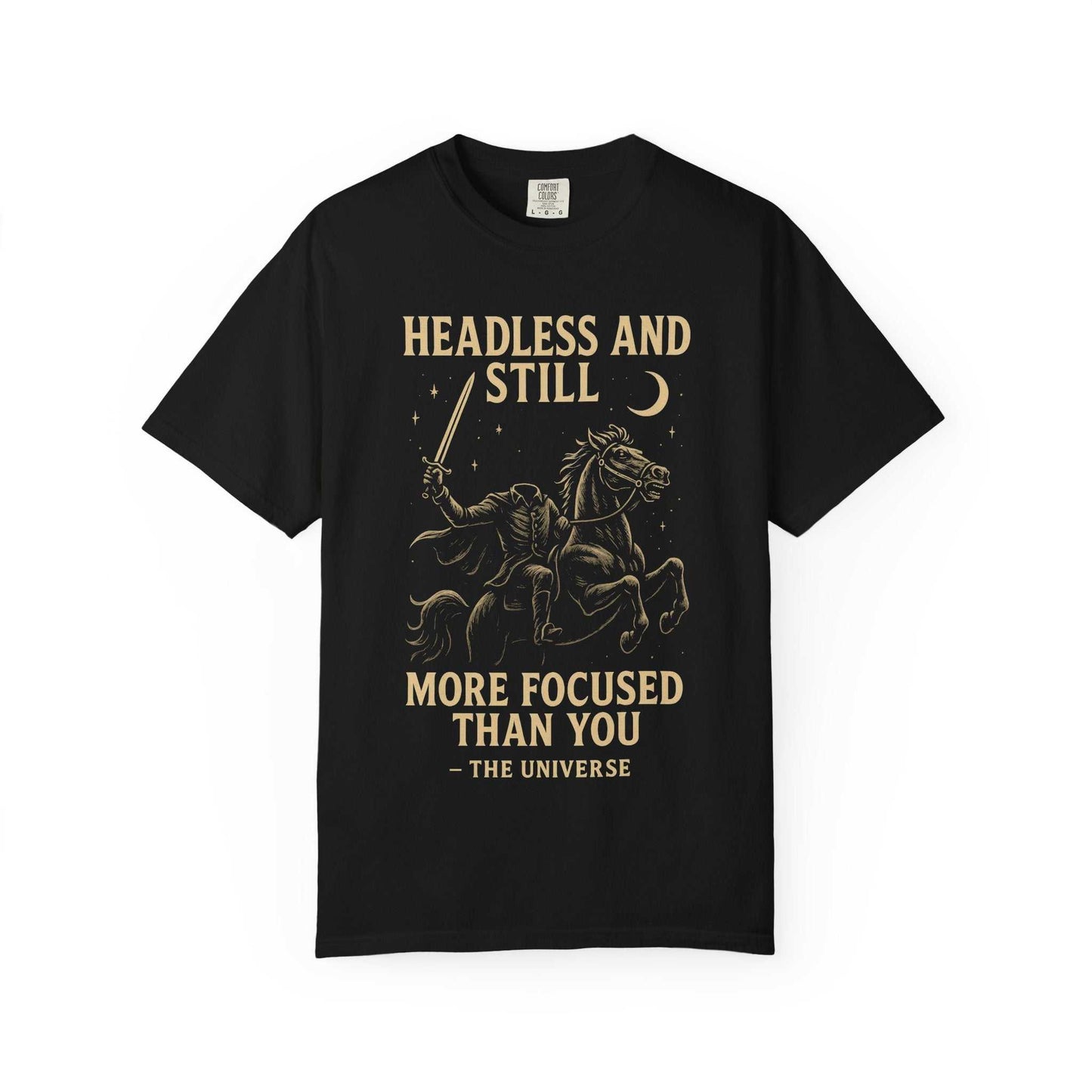 Headless Horseman shirt with motivational Halloween design on black eco-friendly cotton tee