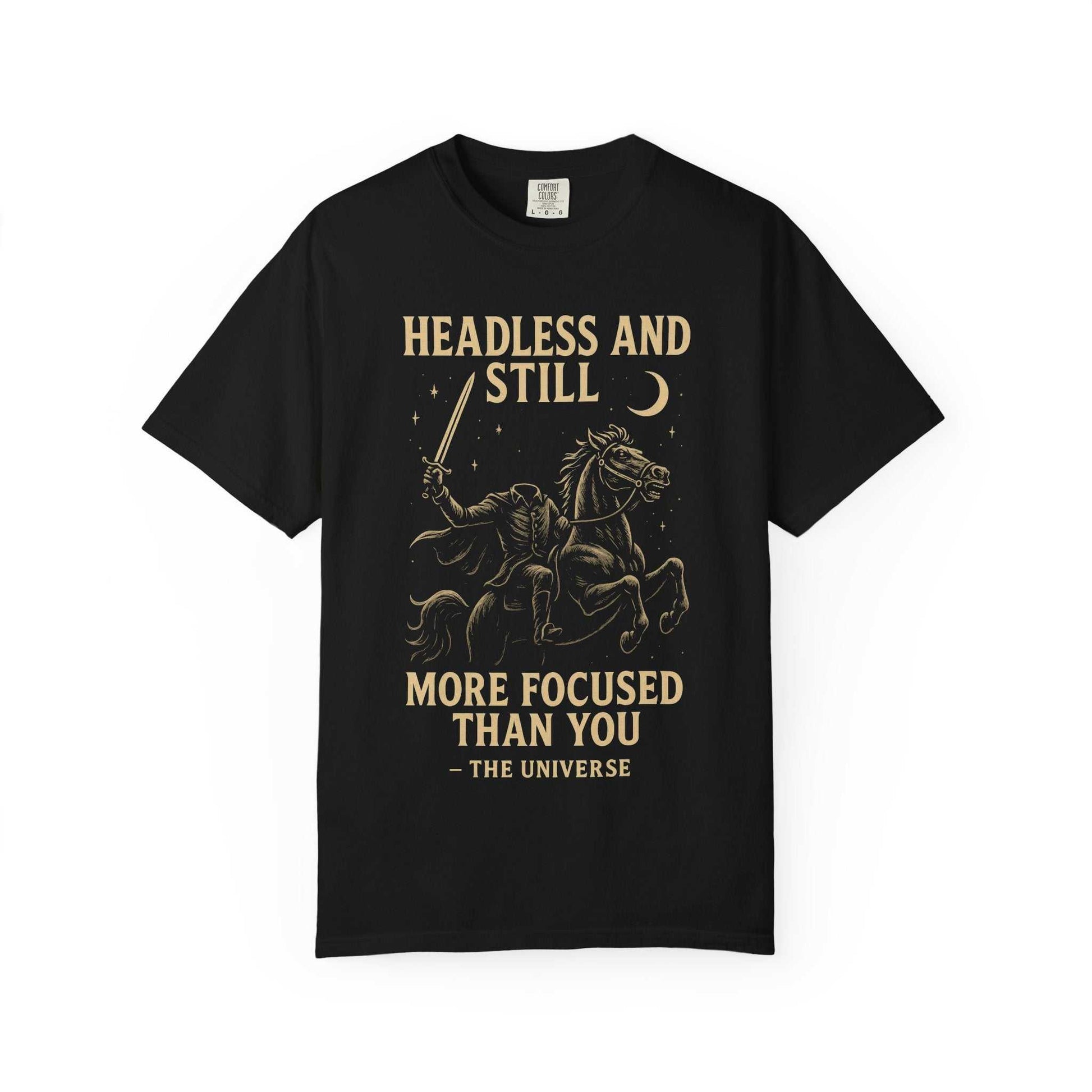 Headless Horseman shirt with motivational Halloween design on black eco-friendly cotton tee