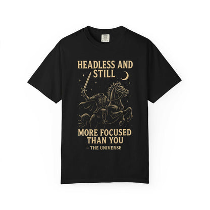 Headless Horseman shirt with motivational Halloween design on black eco-friendly cotton tee