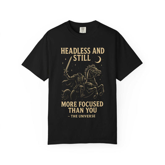Headless Horseman shirt with motivational Halloween design on black eco-friendly cotton tee