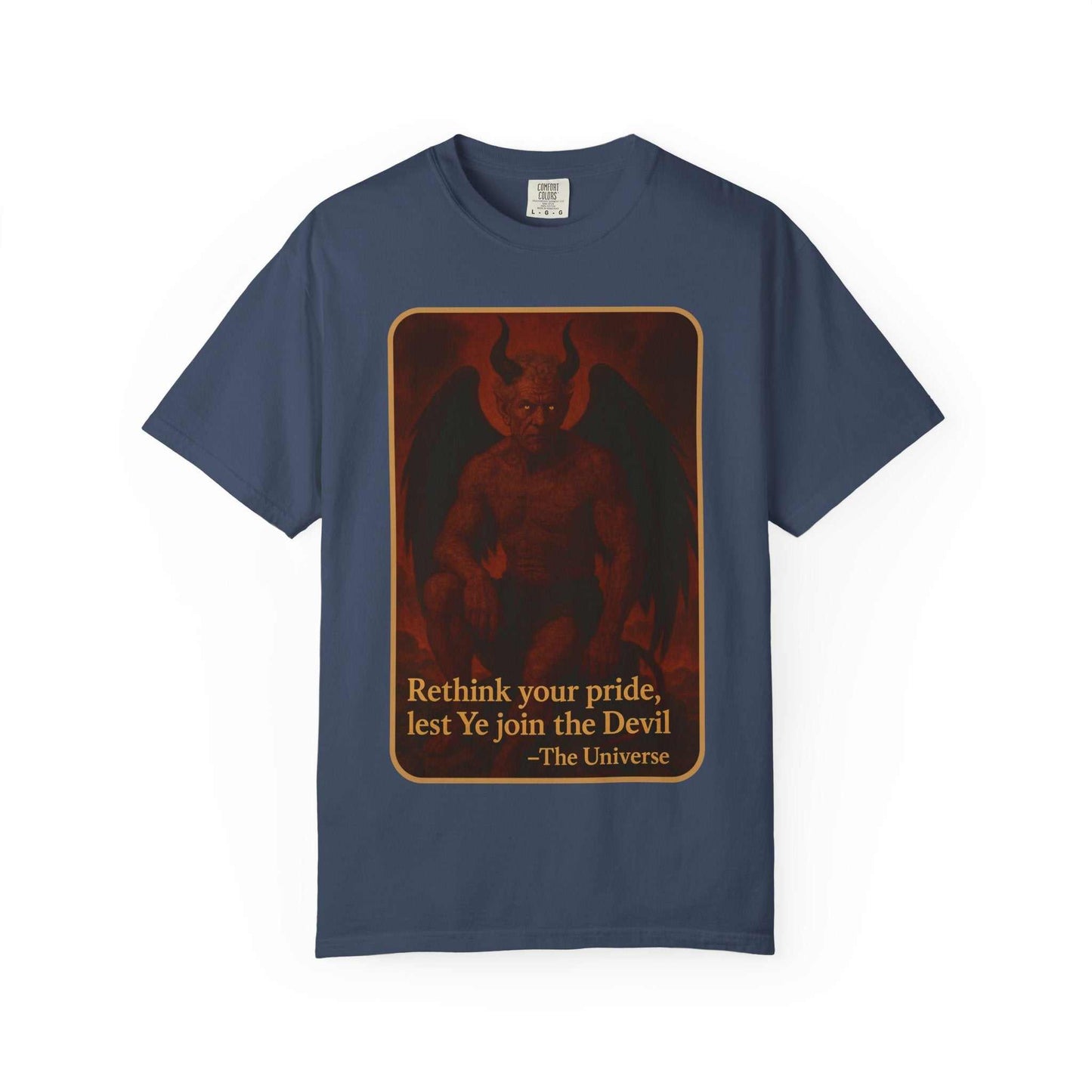 Devil Rethink Your Pride unisex garment-dyed cotton t-shirt with vintage devil graphic and bold message