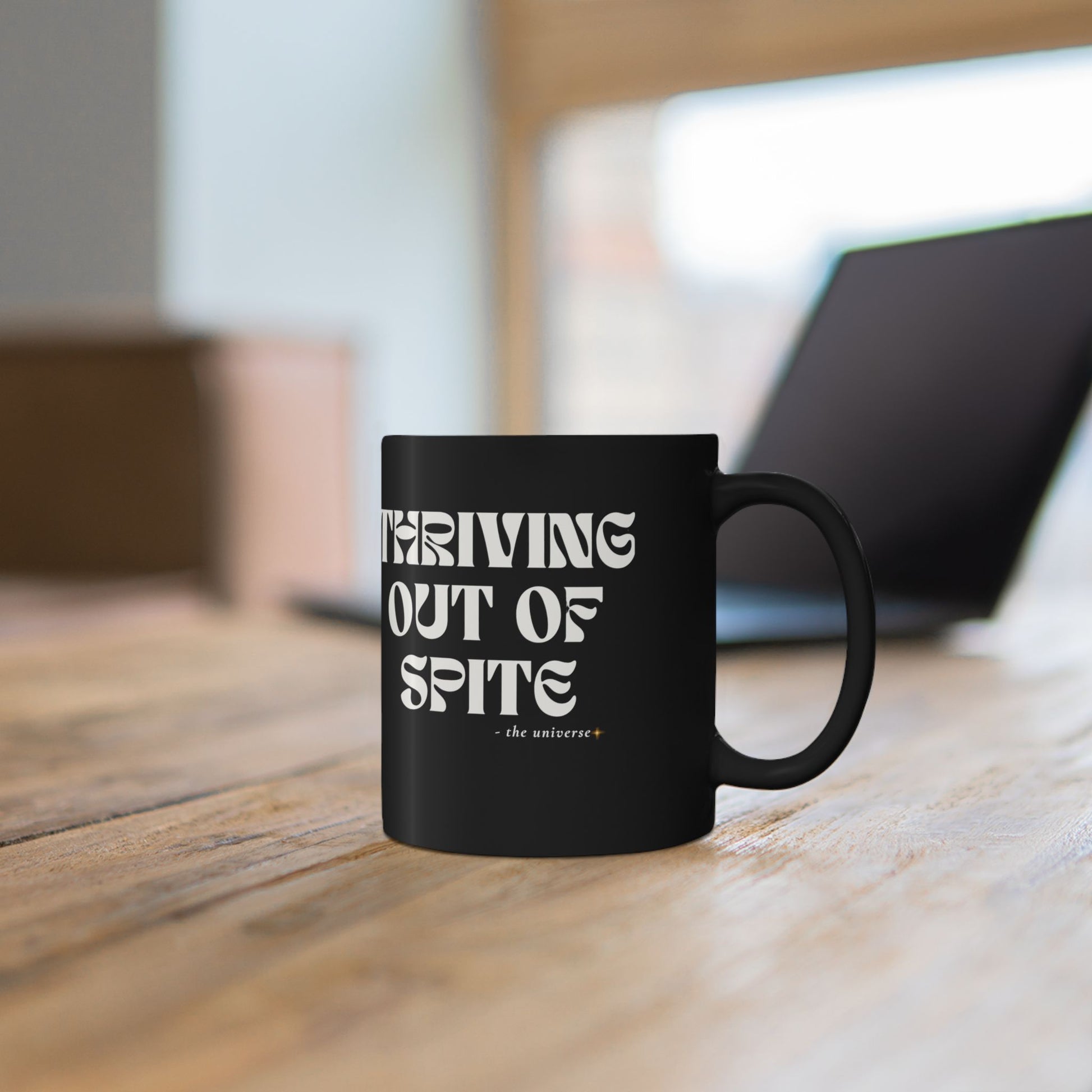 Black 11oz/15oz Mug — "Thriving Out of Spite" Bold Retro Typography - Youniverses