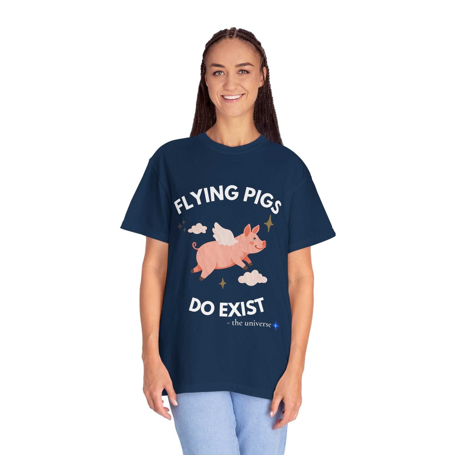 A navy t-shirt with a graphic of a flying pig and the text "Flying Pigs Do Exist".