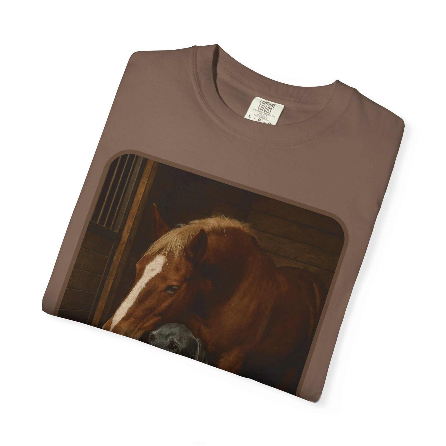 Comfort Colors 1717 brown Animal Rescue T-Shirt with horse, dog, and cat design, 100% cotton, vintage look, casual fit
