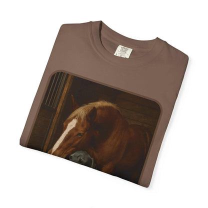 Comfort Colors 1717 brown Animal Rescue T-Shirt with horse, dog, and cat design, 100% cotton, vintage look, casual fit