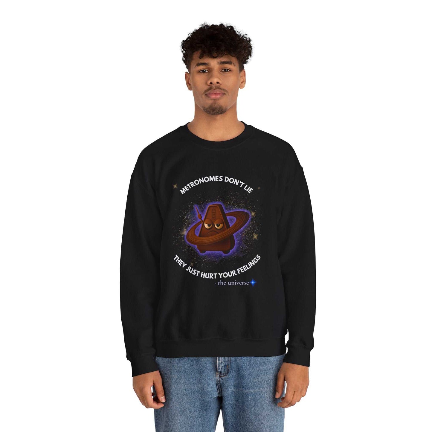 A black sweatshirt with a graphic of a grumpy metronome in space.