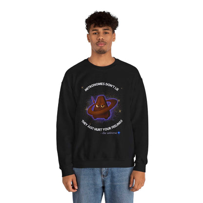 A black sweatshirt with a graphic of a grumpy metronome in space.