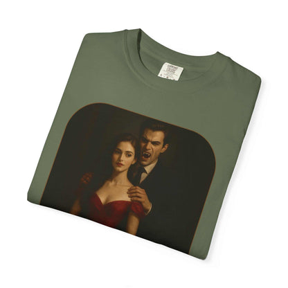 Unisex cotton vampire graphic t-shirt with gothic horror design featuring vampire and woman in red dress