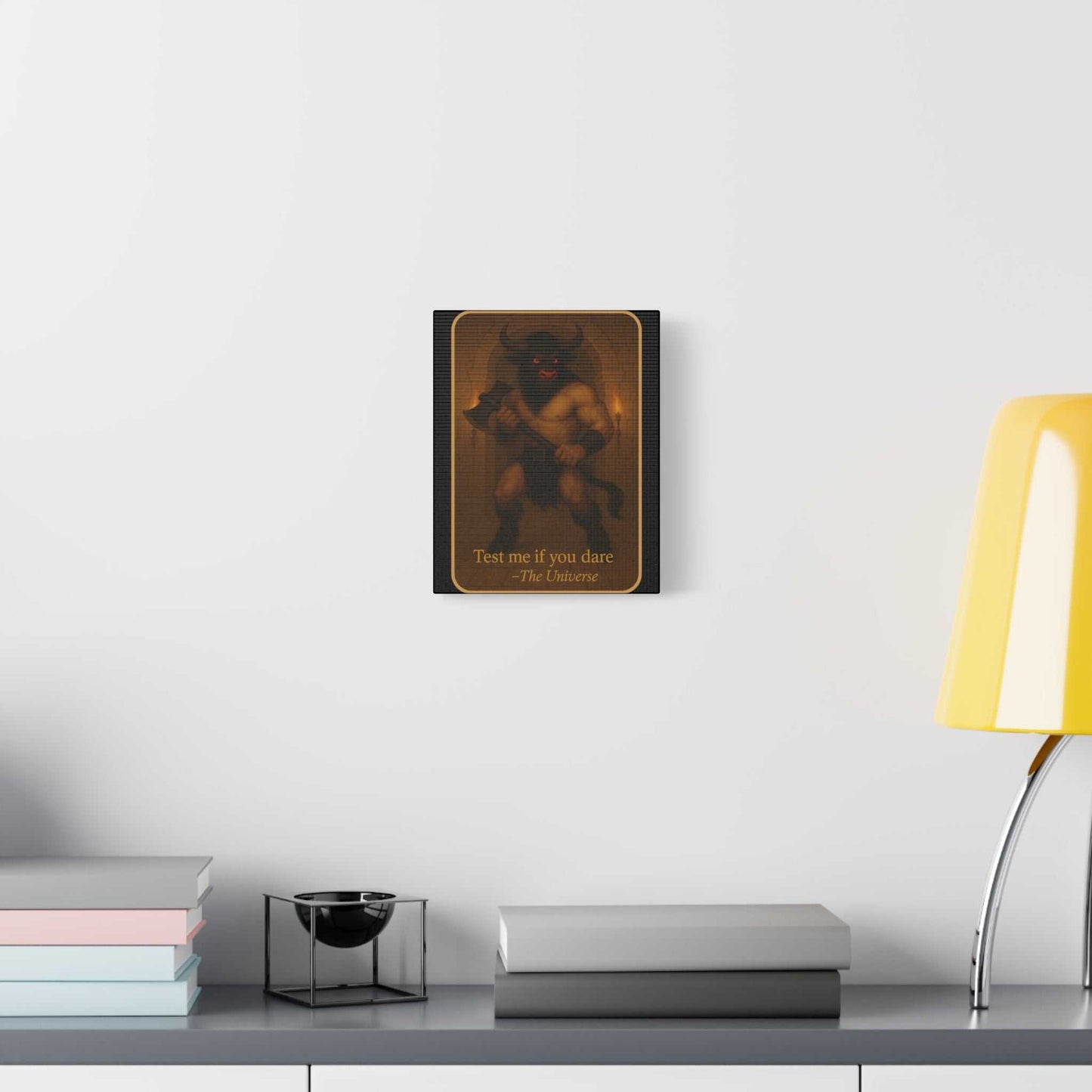 Fantasy minotaur wall art on modern desk with books, lamp, Youniverses home decor