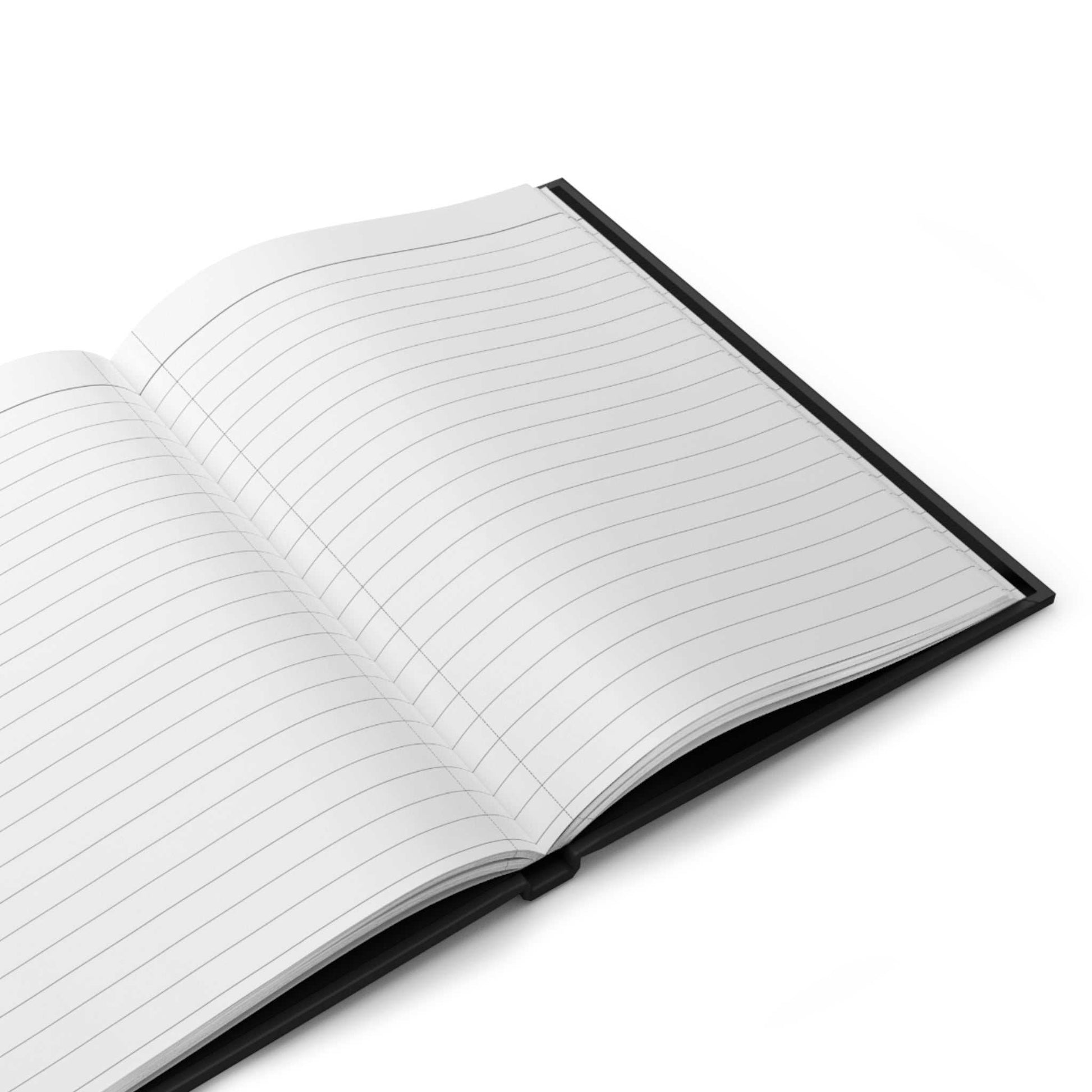 Open lined notebook with black cover on white background, Youniverses stationery product