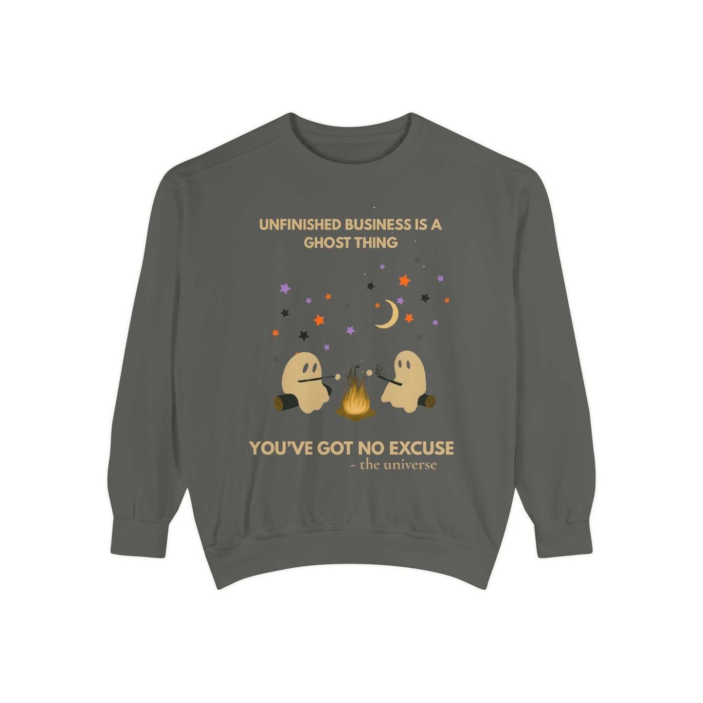 Unisex grey sweatshirt with a ghost Halloween graphic and text.