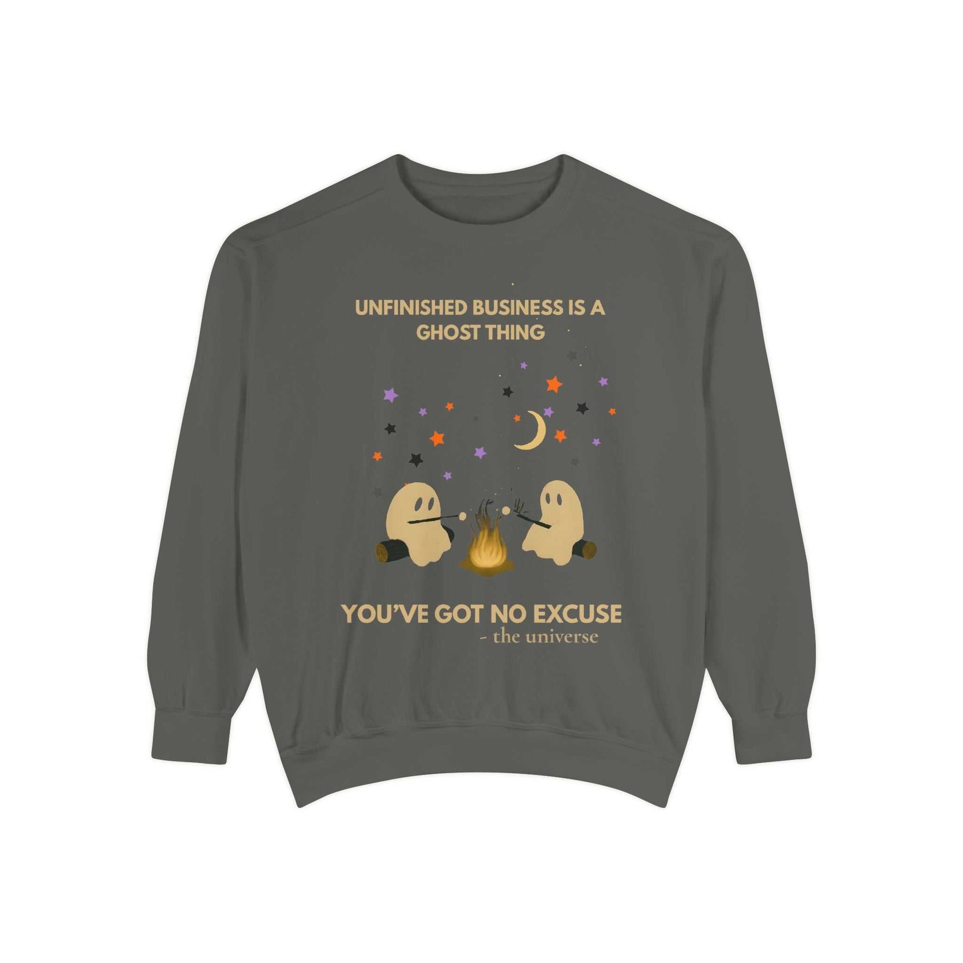 Unisex grey sweatshirt with a ghost Halloween graphic and text.