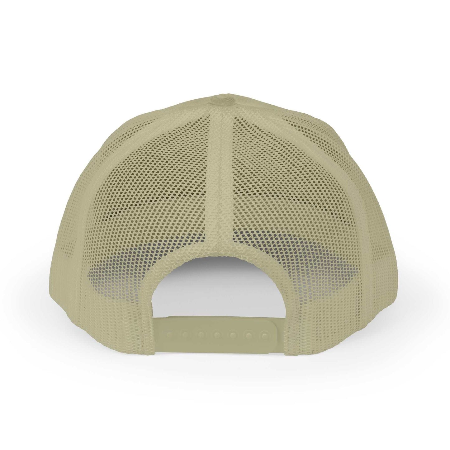 beige mesh back adjustable Planet Smile trucker cap snapback closure