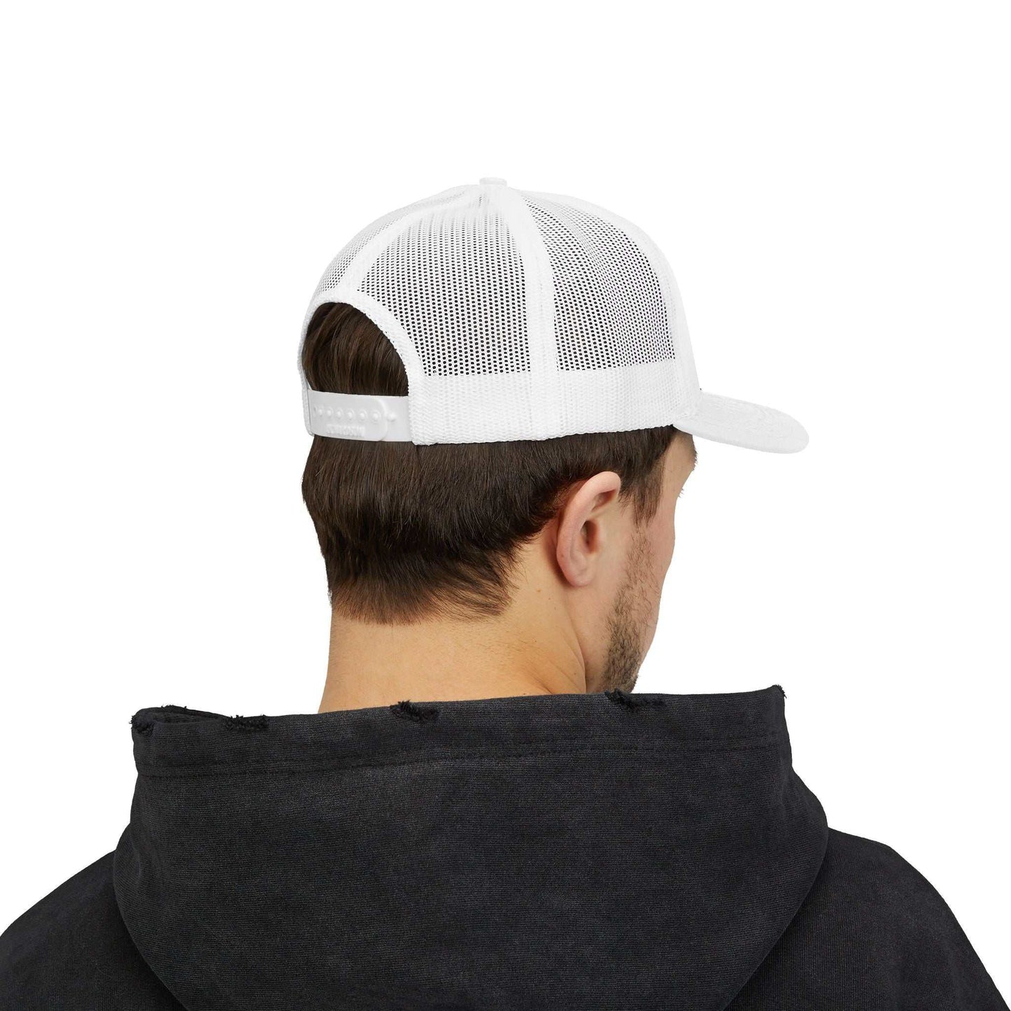 White Planet Smile trucker cap with mesh back and adjustable snap closure worn by a man