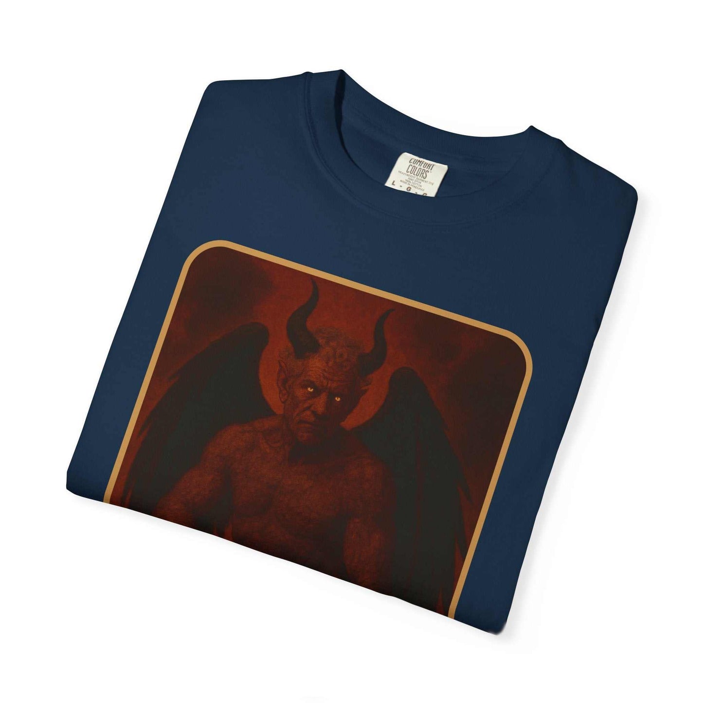 Devil Rethink Your Pride unisex garment-dyed cotton t-shirt with vintage devil graphic on navy background
