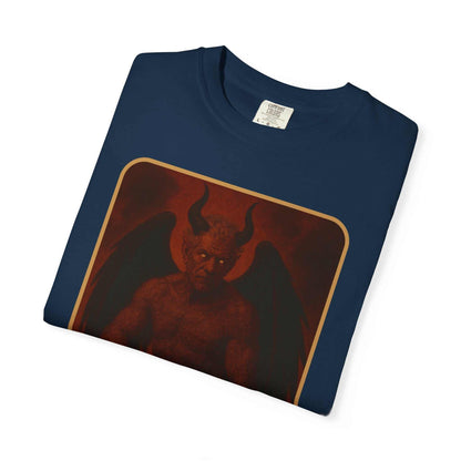 Devil Rethink Your Pride unisex garment-dyed cotton t-shirt with vintage devil graphic on navy background