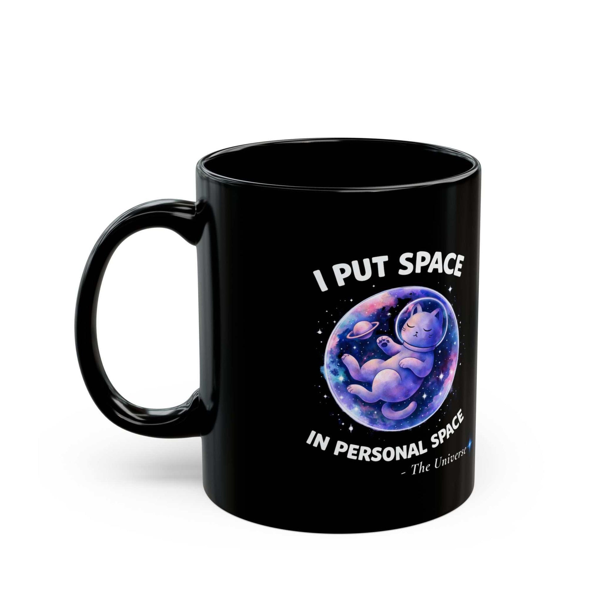 Astronaut Cat Space Mug | Black Ceramic Galaxy Coffee Cup, 11oz - Youniverses