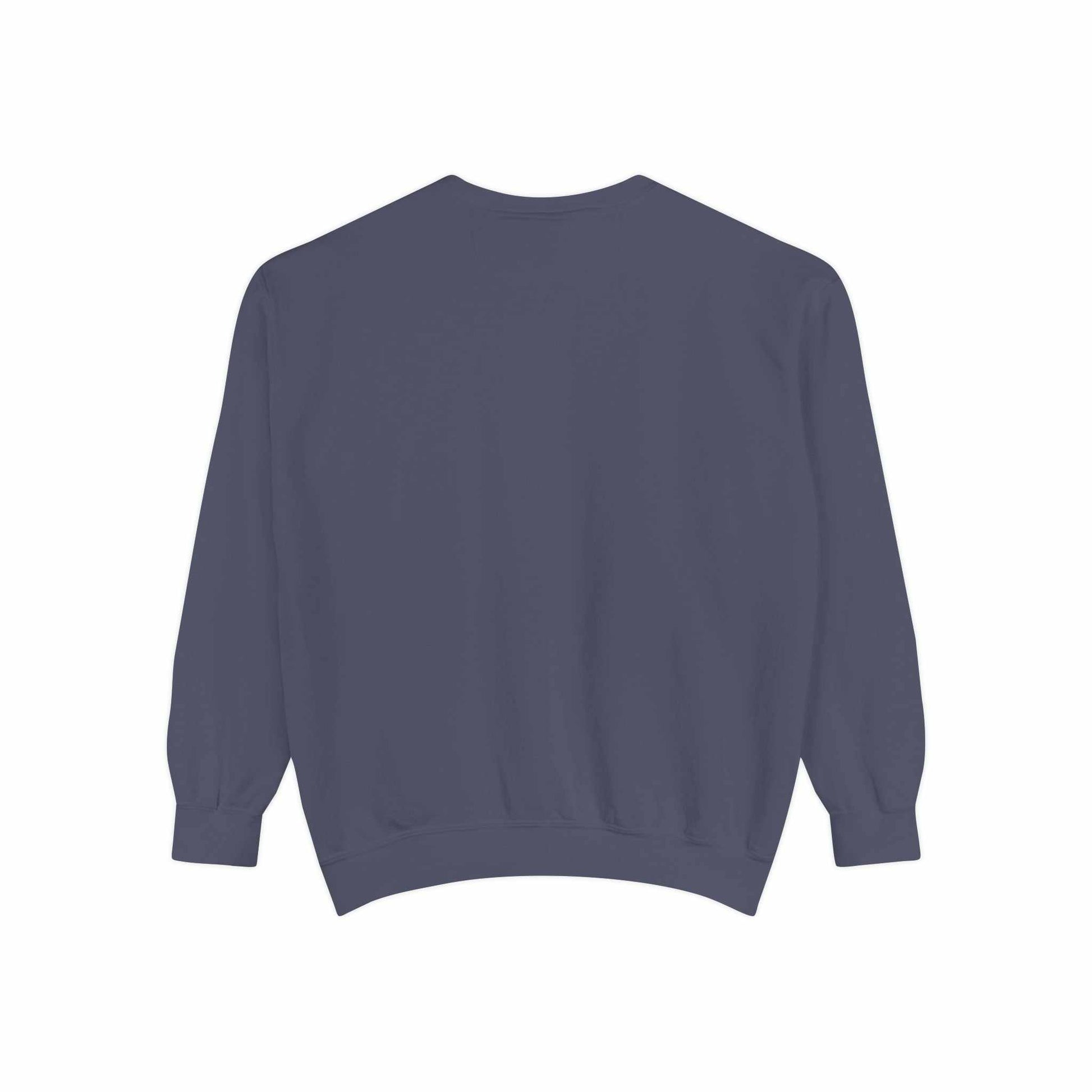 A dark blue crewneck sweatshirt with long sleeves.