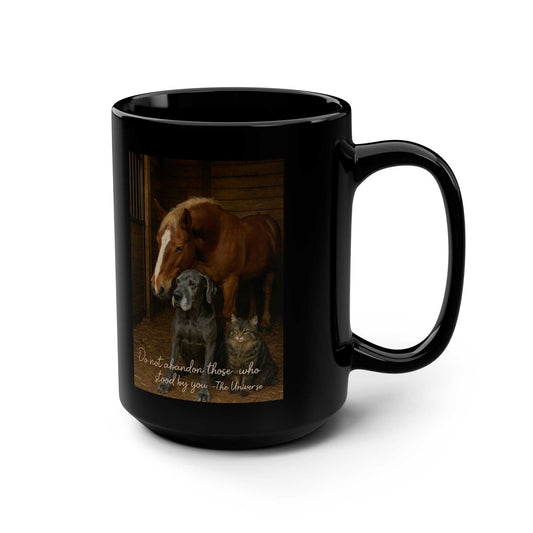Black mug with horse, dog, and cat image and inspirational quote, Youniverses gift item