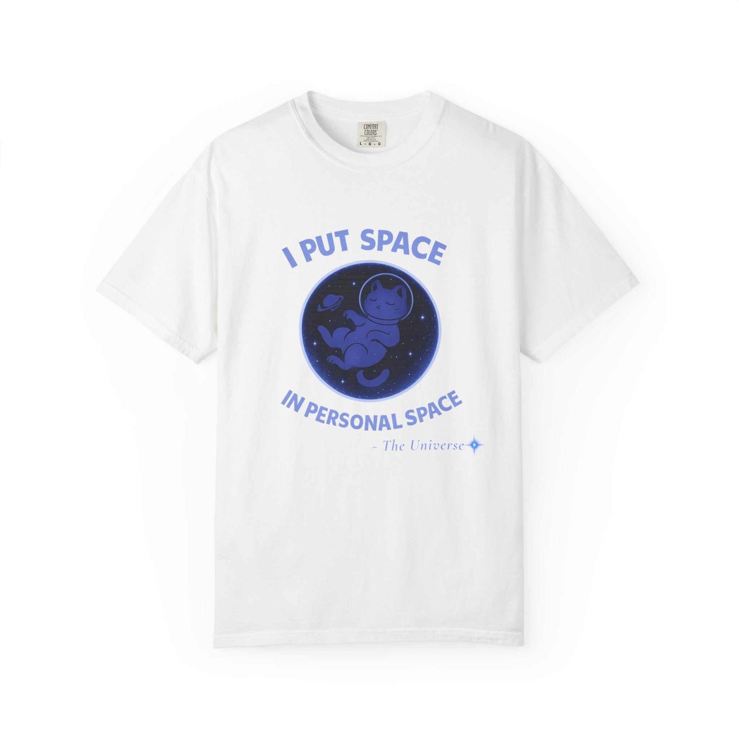 White Personal Space T-Shirt with astronaut graphic and "I Put Space in Personal Space" text, relaxed fit cotton tee