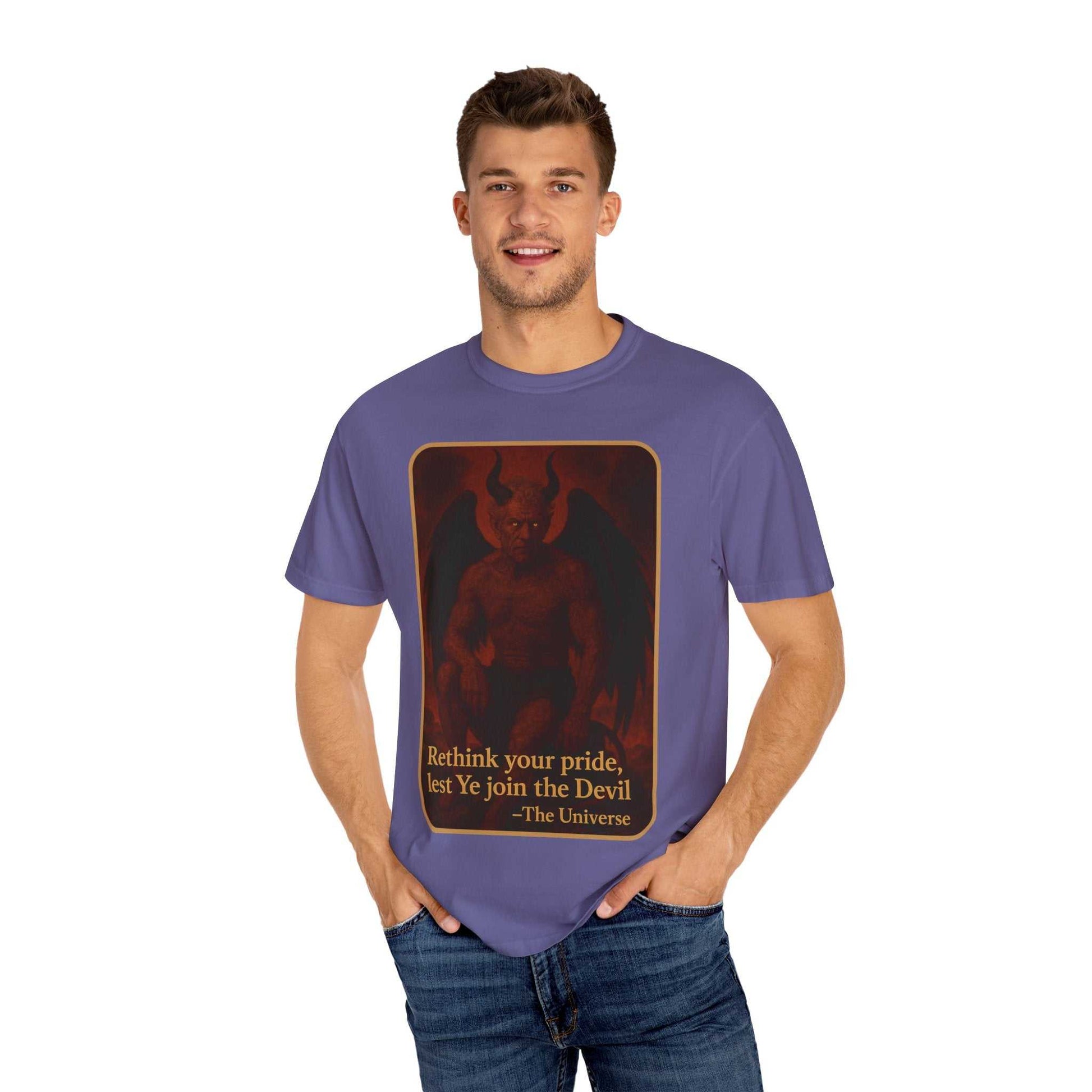 Devil Rethink Your Pride unisex garment-dyed cotton t-shirt with vintage devil graphic and statement text