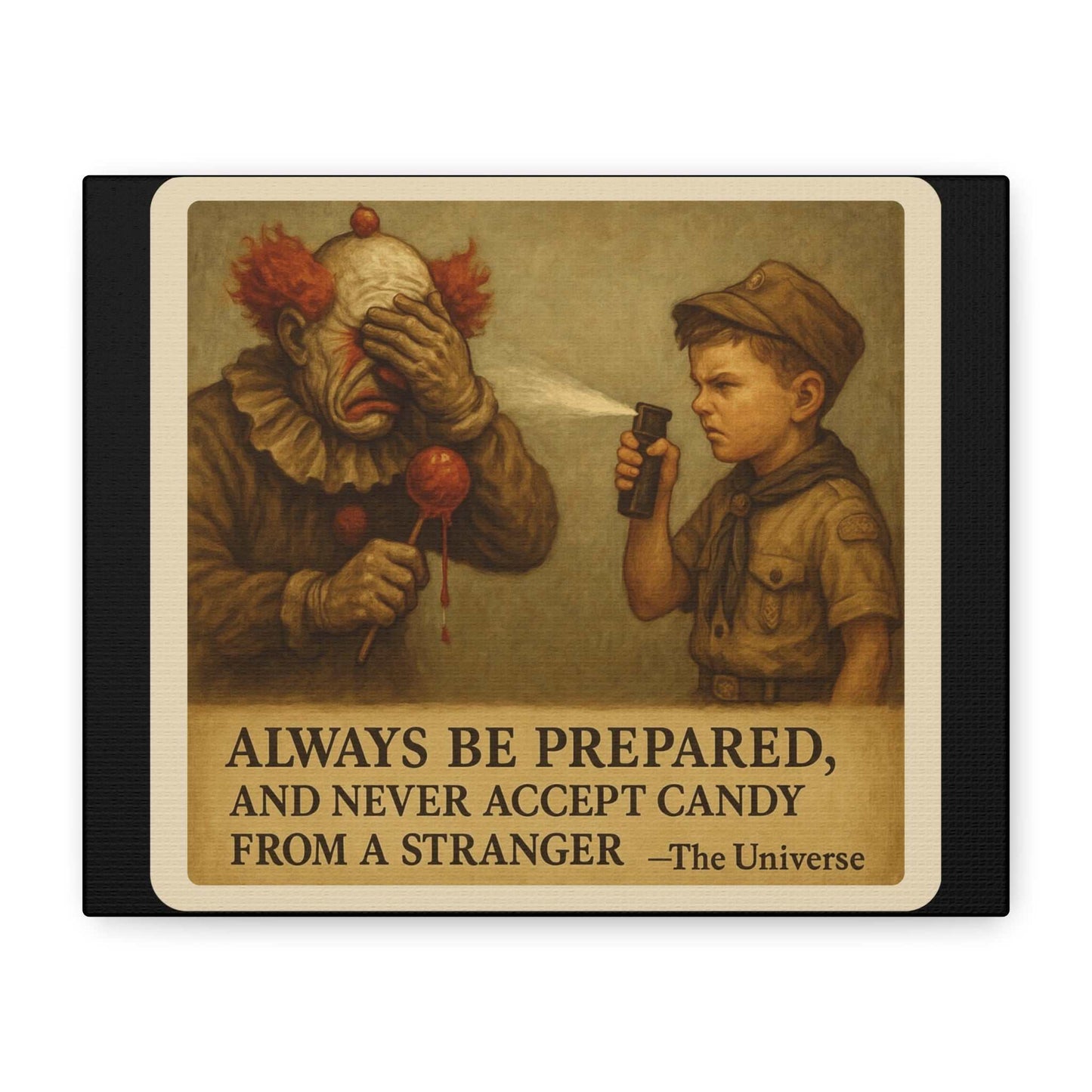 Painting of a young boy scout spraying a sad clown holding candy, with safety advice text.