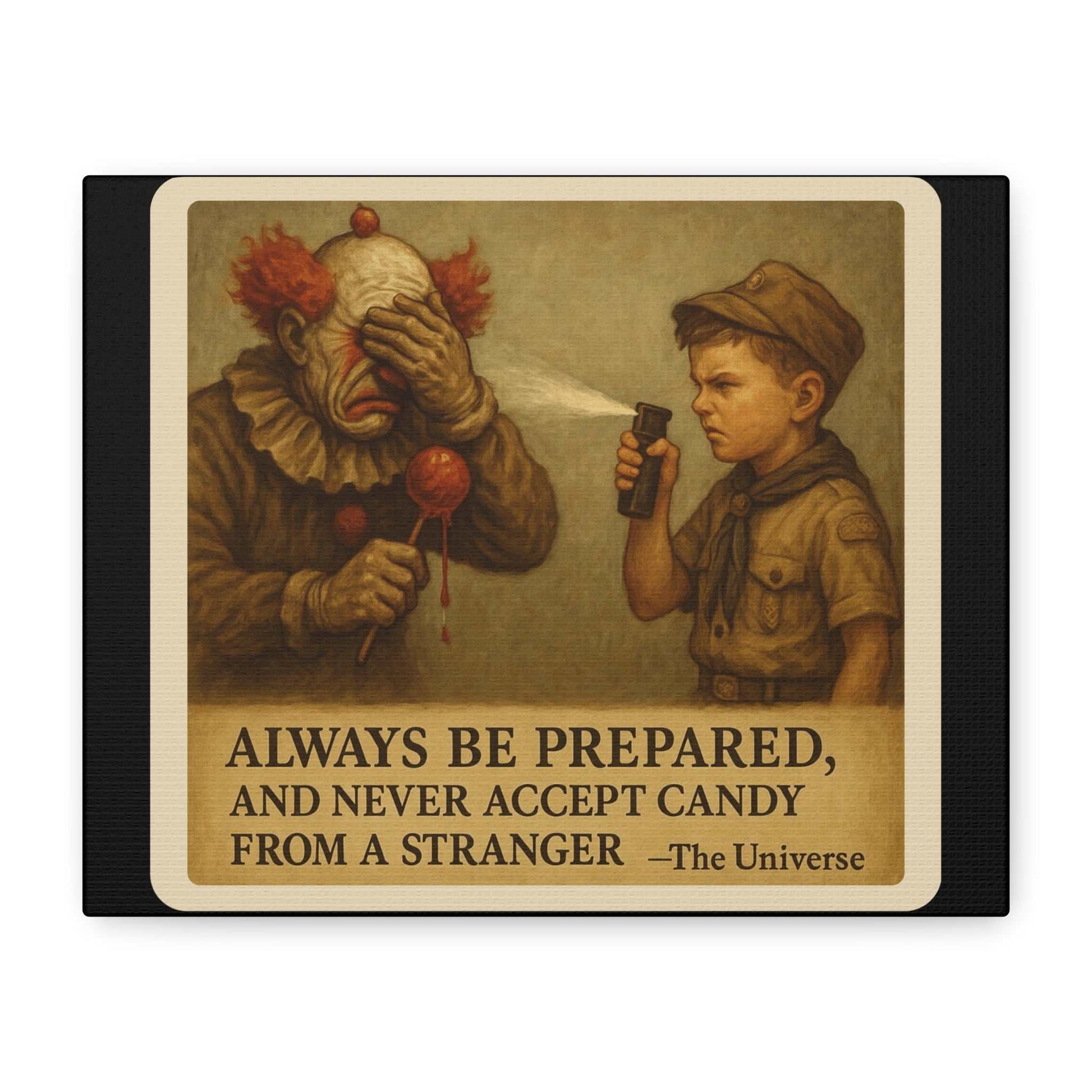 Painting of a young boy scout spraying a sad clown holding candy, with safety advice text.